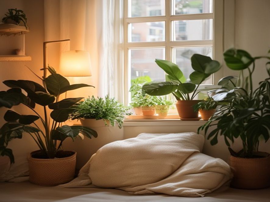 Rustige hoek met plantjes, zachte verlichting en kussen
