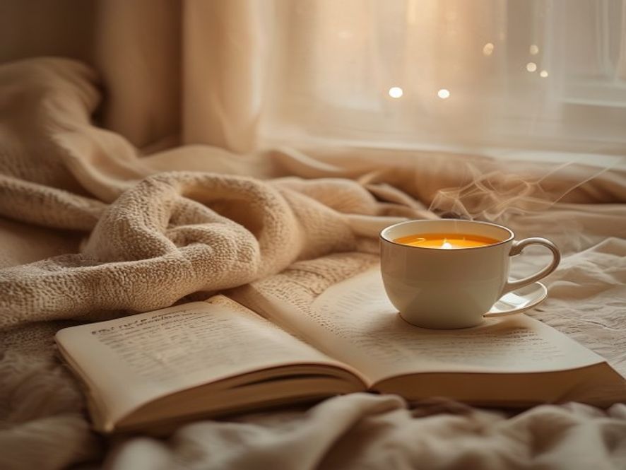 Rustige avondscène met thee, kaars en open boek in warm licht