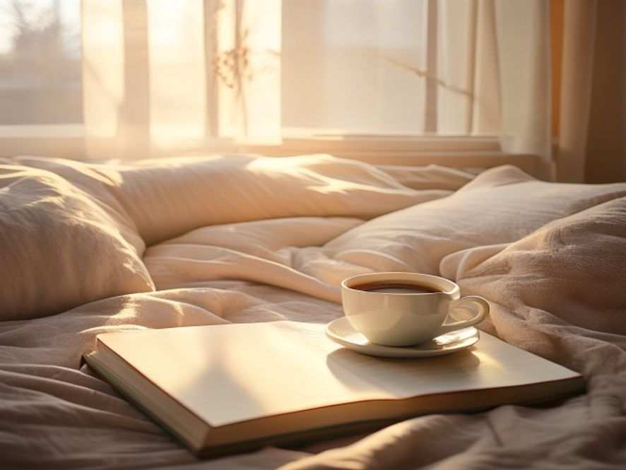 Rustige ochtend met kopje koffie en geopend notitieboek