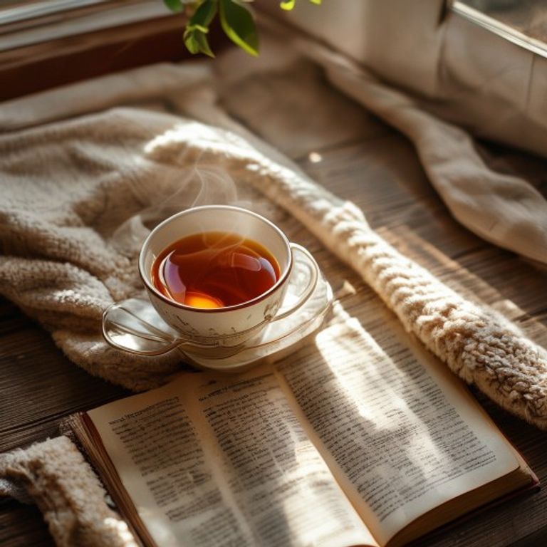 Kopje thee en open boek op houten tafel